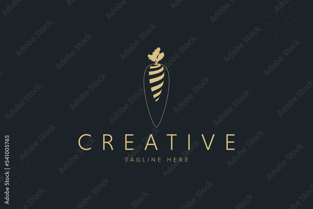 Obraz premium carrot with leaf logo illustration template for business or company. trendy food, vegetable concept design for restaurants or farm. modern and stylish symbol with black background and gold