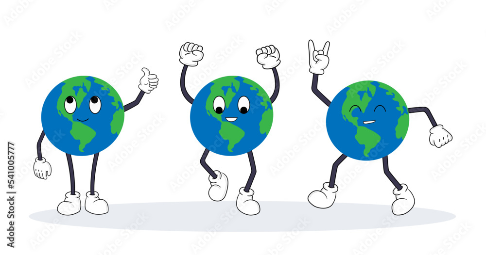 Obraz premium Set of globe characters with cute poses and gestures. Vector illustrations of fun dance of planet Earth. Cartoon balls with funny faces and world map isolated on white. Environment, mascot concept
