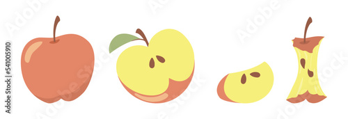 Red apples set. Vector illustrations of healthy sweet fruit for eating. Cartoon whole organic apple, cut in half and slice, bitten and eaten to core isolated on white. Vitamin, food snack concept