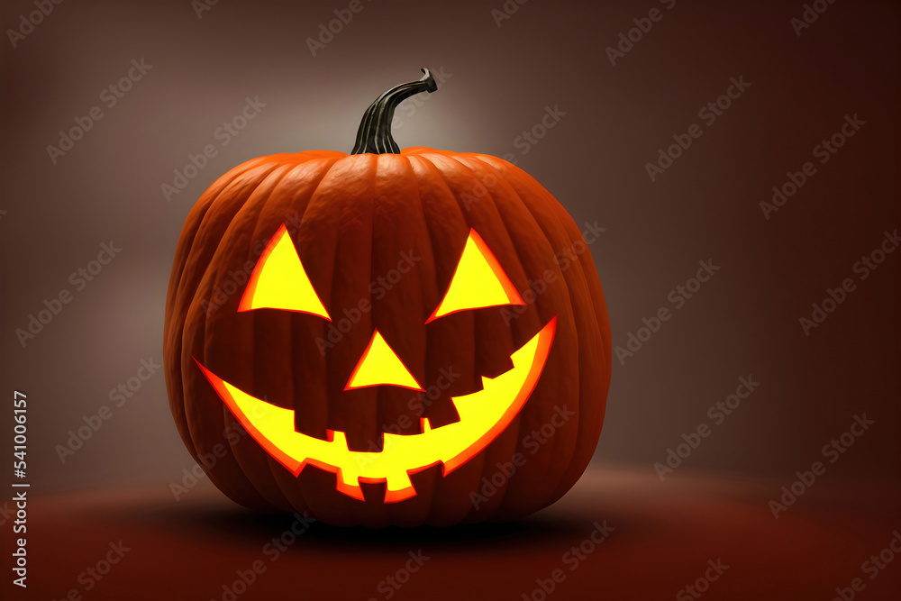 Halloween pumpkin carved smile face 3D on dark background. Orange spooky scary Jack o lantern happy horror holiday Halloween pumpkin carved smile face 3D on dark background. Orange spooky scary Jack o lantern happy horror holiday