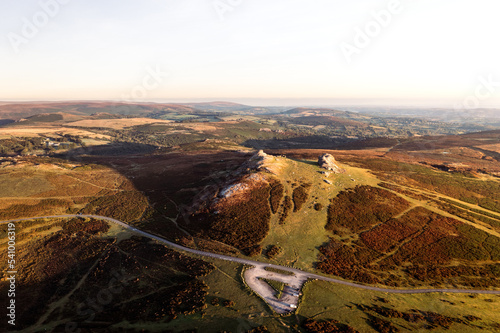 Aerial view of Haytor Rocks on Dartmoor at sunrise photo