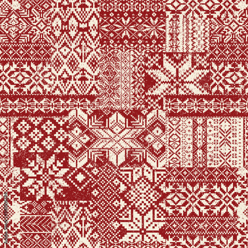 Red native American traditional fabric patchwork abstract vector seamless pattern grunge effect in separate layers