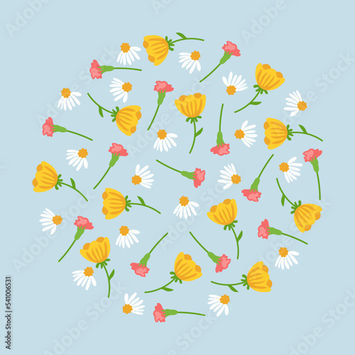 Set of wild flowers in pattern with circle shape. Vector illustrations of floral ornament. Cartoon round mandala with summer flowers of different colors isolated on blue. Nature, decor concept