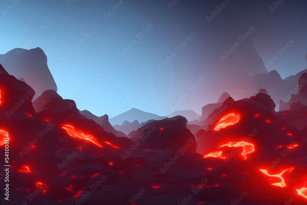 Volcano hot magma red orange lava fire eruption. Black rock heat glowing molten flow 3D