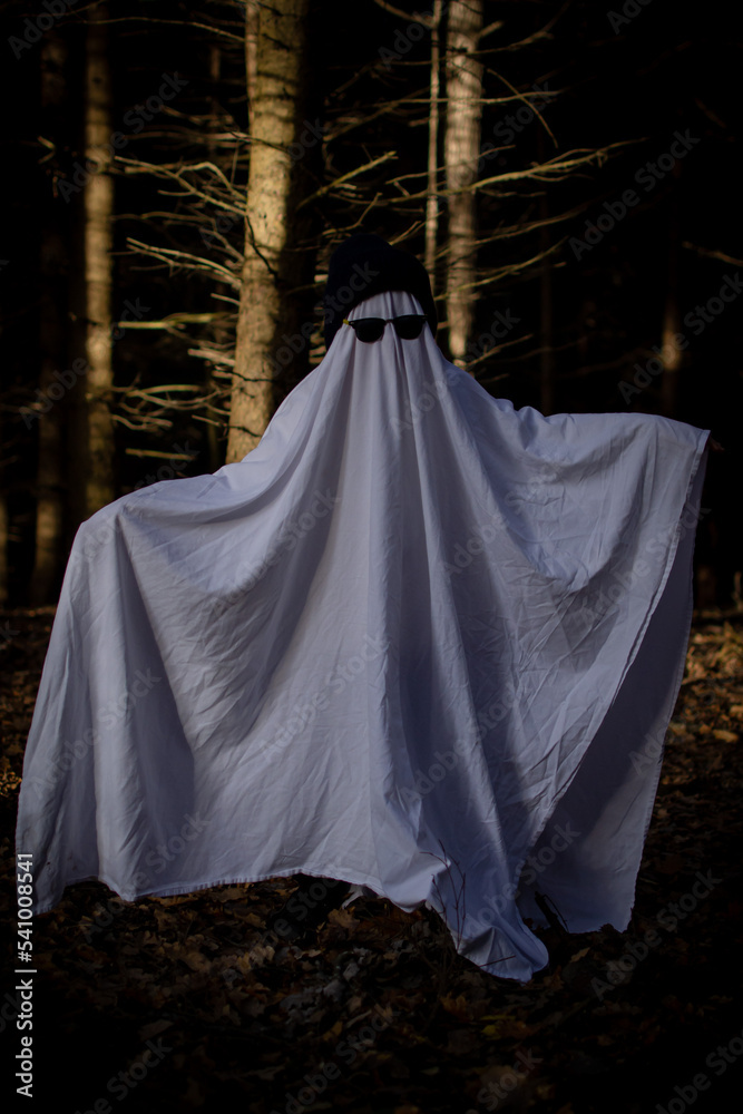 Naklejka premium Little boy in a ghost costume among the pines in a dark forest