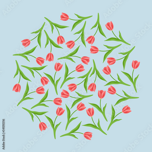 Tulip set in pattern with circle shape. Vector illustrations of floral round ornament. Cartoon spring red flowers on stem with green leaf isolated on blue. Fashion, nature, invitation card concept © SurfupVector