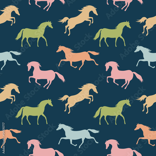 Seamless vector pattern with colorful running horses. Pastel colored horses on a dark blue background. Graphic print for childrenhorse-pattern2
