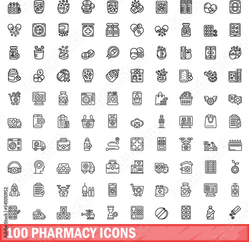 100 pharmacy icons set. Outline illustration of 100 pharmacy icons vector set isolated on white background