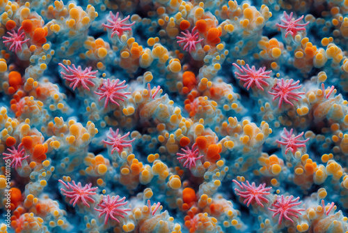 3D rendered seamless pattern illustration. The Anemones and Corals pattern. Image of a colorful fantasy seabed.