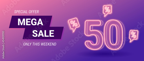 sale neon banner, 50 percent off, vector illustration