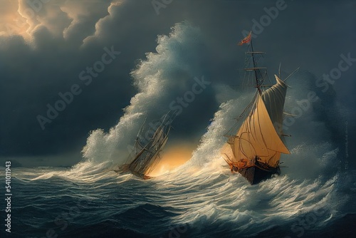 sailing ship lost in the ocean in a storm.
