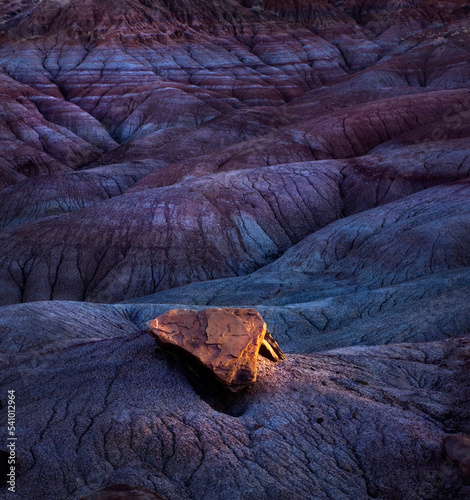 Rare lighting on a solitary rock sitting atop layers of highly erosive soils in Arizona's Painted Desert