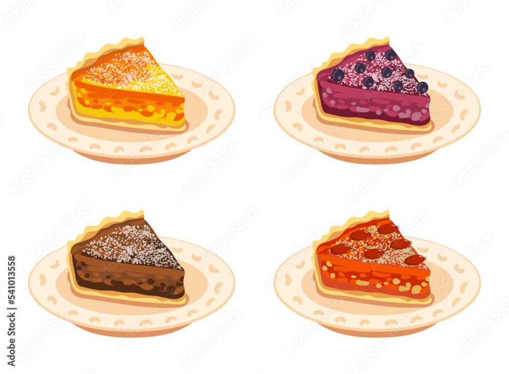 Pie pieces on plate set. Vector illustrations of baked cakes slices. Cartoon shortbread dough with fruit, chocolate and berry cream filling isolated on white. Food, pastry, bakery menu concept Pie pieces on plate set. Vector illustrations of baked cakes slices. Cartoon shortbread dough with fruit, chocolate and berry cream filling isolated on white. Food, pastry, bakery menu concept