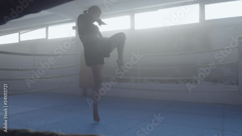 Female kickboxer silhouette training in gym, hitting with legs and arms slow motion, long angle view. Young sportswoman workout in dark sport club with light through windows photo