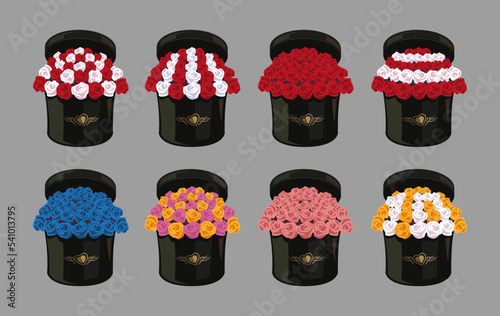 Bouquet of roses in black box set. Vector illustrations of flowers in shiny satin basket with golden heart. Cartoon floral decoration of different colors isolated on gray. Luxury gift concept