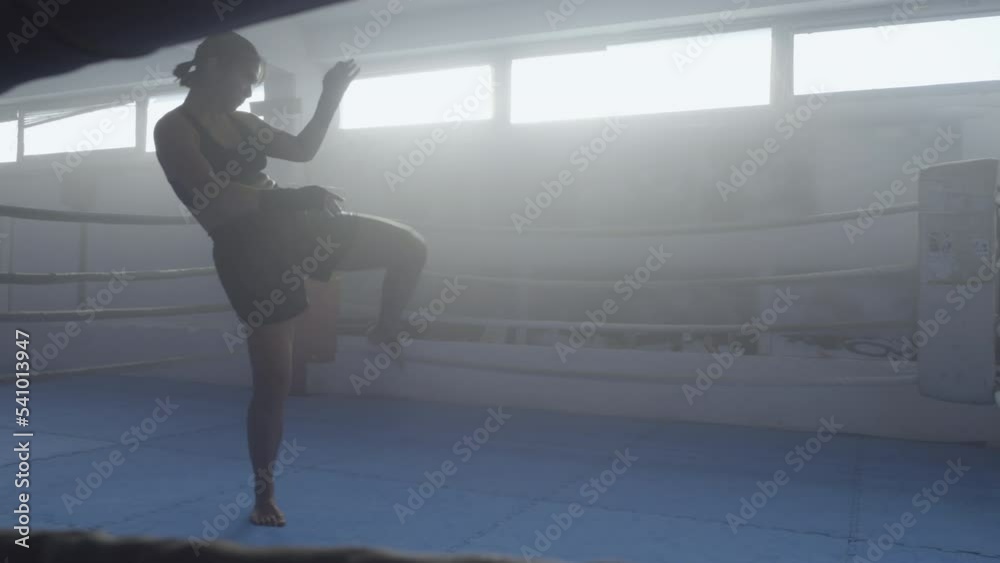 Female kickboxer silhouette exercising in fighting ring, hitting with legs and arms slow motion, long angle view. Young sportswoman workout in dark gym with light through windows Female kickboxer silhouette exercising in fighting ring, hitting with legs and arms slow motion, long angle view. Young sportswoman workout in dark gym with light through windows