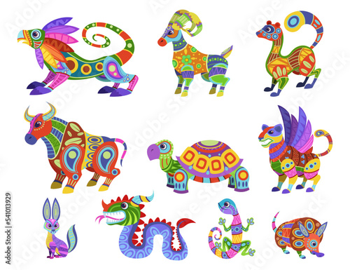 Colorful Mexican alebrijes vector illustrations set. Collection of fantastic animals as traditional Mexican decorative elements isolated on white background. Mexico  decoration  celebration concept