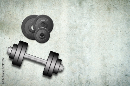 Fototapeta Naklejka Na Ścianę i Meble -  Dumbbells with discs of different weights, on a concrete background. Copy space. Place for text. Sports equipment, gym, fitness. Sports