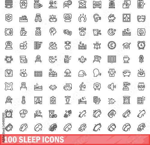 100 sleep icons set. Outline illustration of 100 sleep icons vector set isolated on white background