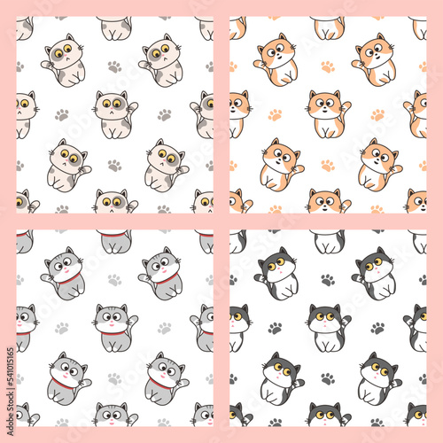 Seamless pattern of cute colorful cat cartoon. Happy meow. Animals character design. Cute background for textile print  wrapping paper  baby clothing. Cute cats pattern set