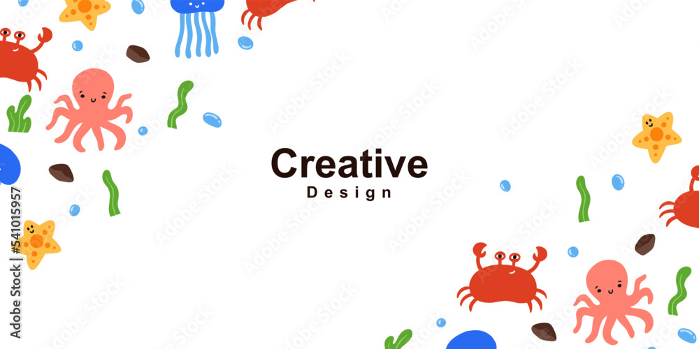 Cute ocean for nature design element copy space frame in childish style. Collection of simple cartoon hand drawn illustration.