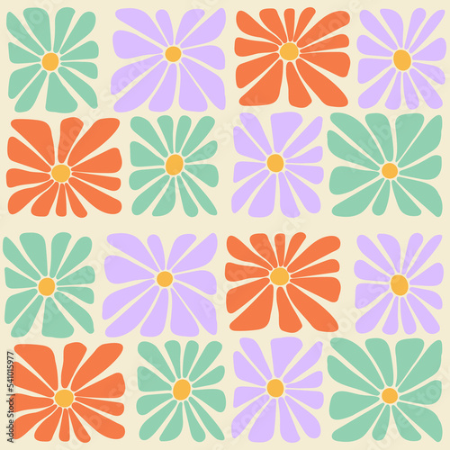 Groovy trippy daisy tiles checkery seamless pattern. Square flowers plaiding patchwork. 1970 retro hippie vibe background. Vintage cover textile poster vector illustration. photo