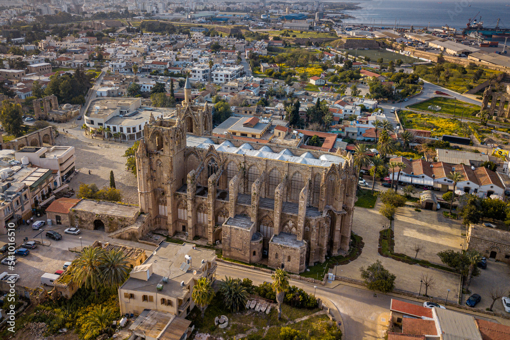 Famagusta, Lala Mustafa Pasha Mosque and its surroundings, bird's eye view, Aerial shot. drone shooting, side view