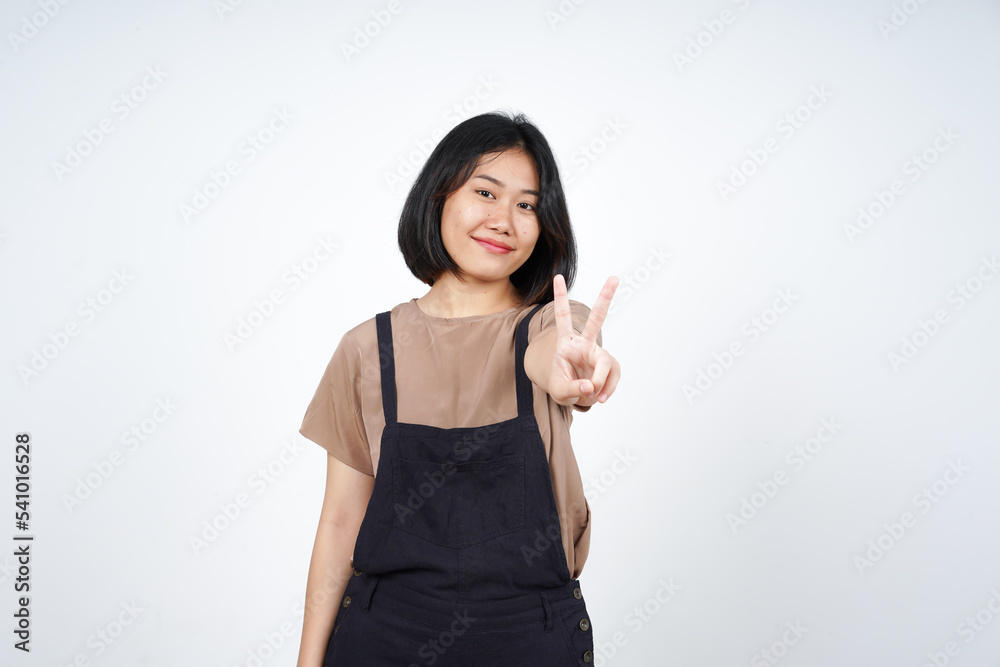 Showing Peace Sign of Beautiful Asian Woman Isolated On White Background Showing Peace Sign of Beautiful Asian Woman Isolated On White Background