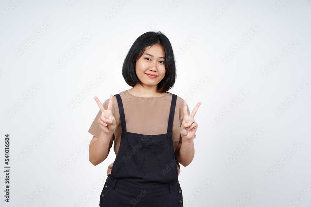 Showing Peace Sign of Beautiful Asian Woman Isolated On White Background Showing Peace Sign of Beautiful Asian Woman Isolated On White Background