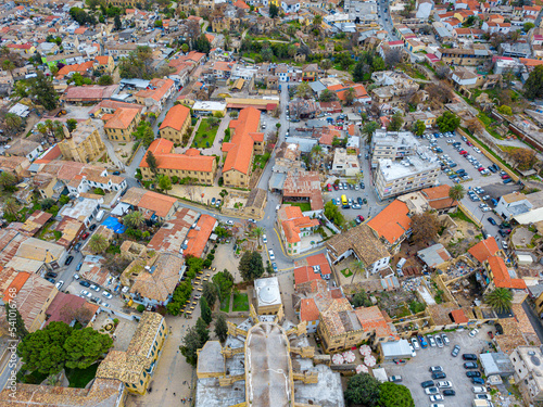 Famagusta, Lala Mustafa Pasha Mosque and its surroundings, panoramic view. aerial shot. drone shooting © yakupyener