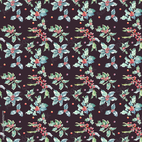 Wallpaper Mural Watercolor Christmas seampless pattern. Winter flora illustration, poinsettia, holly berry,  new year black wallpaper, decoration tile, fabric,wrap, scrapbooking, background   Torontodigital.ca