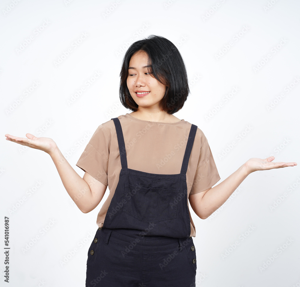Showing and Presenting Two Product on Open Palm of Beautiful Asian Woman Isolated On White Showing and Presenting Two Product on Open Palm of Beautiful Asian Woman Isolated On White