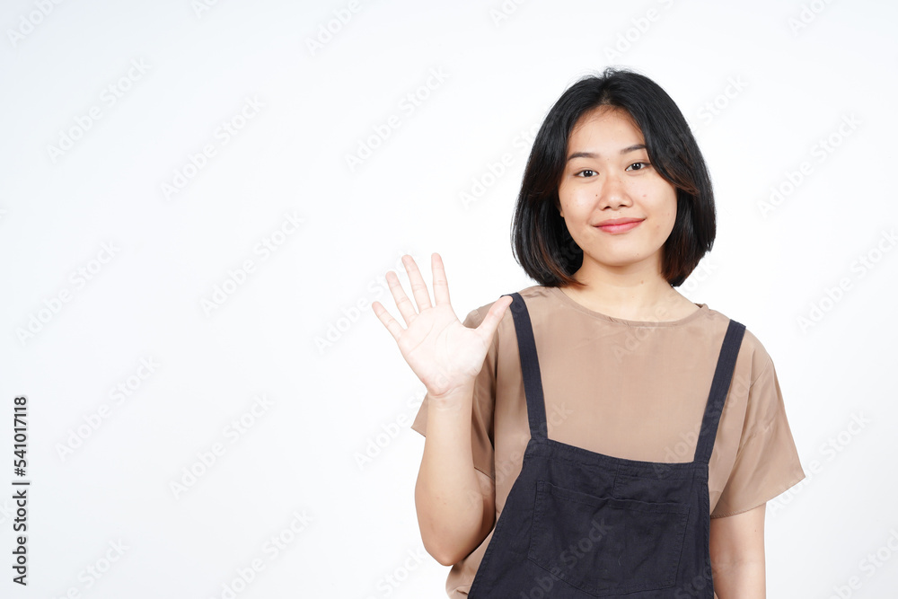 Hi Greeting or Waving at Camera of Beautiful Asian Woman Isolated On White Background Hi Greeting or Waving at Camera of Beautiful Asian Woman Isolated On White Background