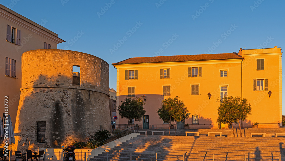 Fototapeta premium The town hall of L'Ile-Rousse in the morning, Corsica, France