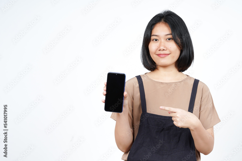 Showing Apps or Ads On Blank Screen Smartphone of Beautiful Asian Woman Isolated On White Background Showing Apps or Ads On Blank Screen Smartphone of Beautiful Asian Woman Isolated On White Background