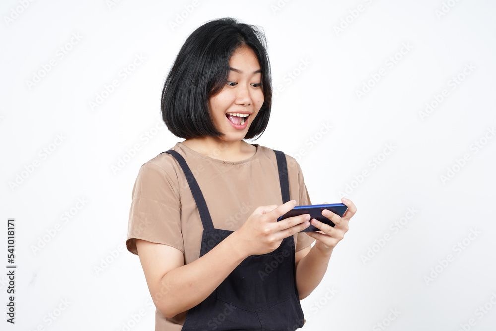 Playing Mobile Game on Smartphone of Beautiful Asian Woman Isolated On White Background Playing Mobile Game on Smartphone of Beautiful Asian Woman Isolated On White Background