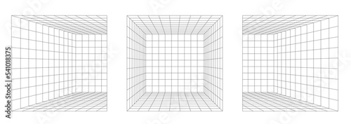 perspective drawing of three rooms with the same point of view. 3d grids with black lines. abstract composition