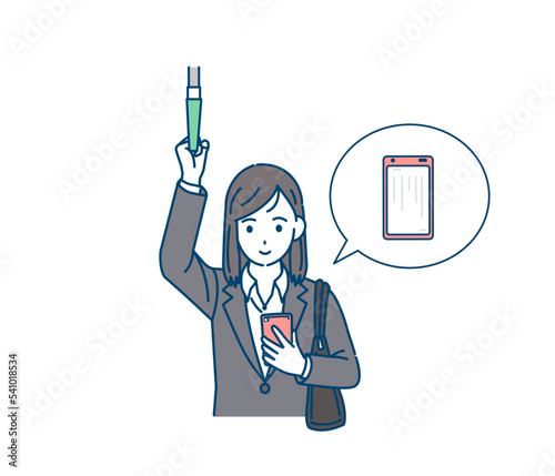 仕事の通勤中にスマートフォンで電子書籍を読む女性会社員のイラスト