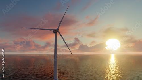 Wind turbine farm with rays of light at sunset. 3d rendering.