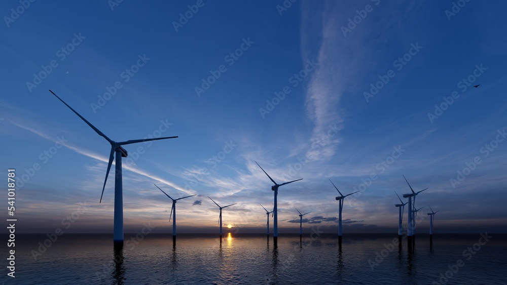 Fototapeta premium Wind turbine farm with rays of light at sunset. 3d rendering.