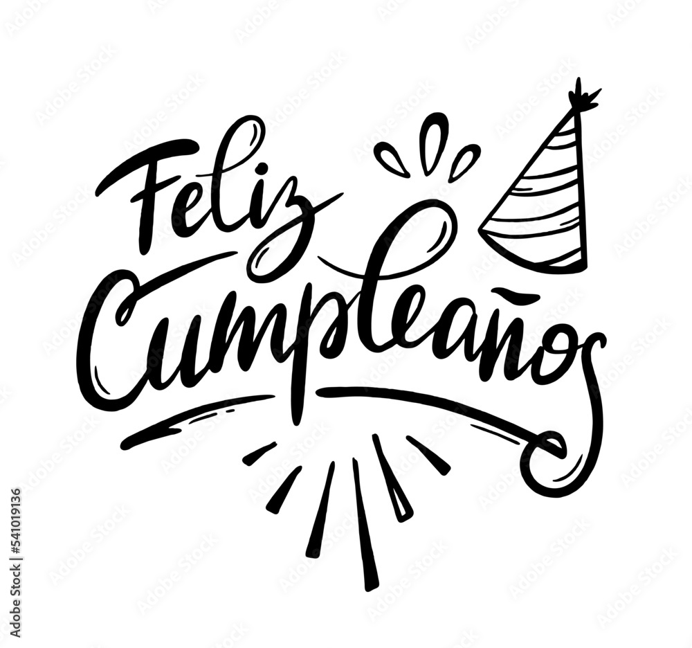 Happy birthday in Spain.  Lettering in Spanish with splashes and curls. Vector illustration