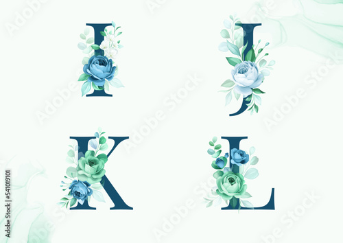 Watercolor floral alphabet set of I, J, K, L with flowers and leaves. Flowers composition for logo, cards, branding, etc