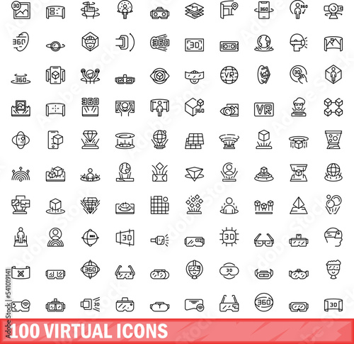 100 virtual icons set. Outline illustration of 100 virtual icons vector set isolated on white background