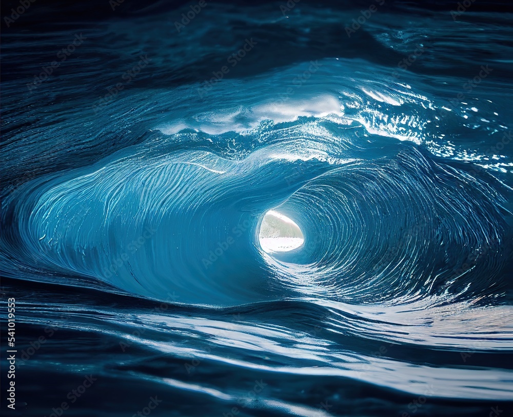 The water swirls into a whirlpool. The water is blue and clear. The wave  takes the