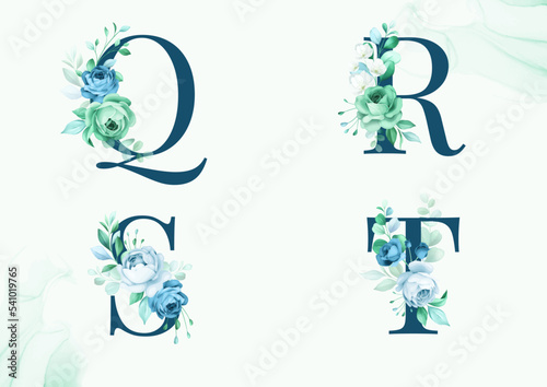 Watercolor floral alphabet set of Q, R, S, T with flowers and leaves. Flowers composition for logo, cards, branding, etc