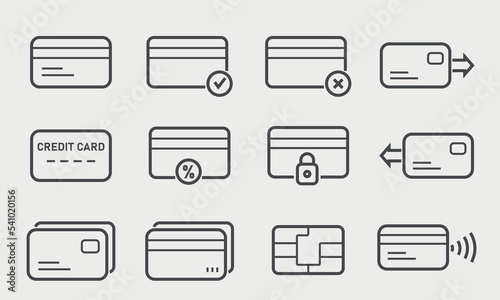 Set of credit cards line icons. Chip, Register, Safe Payment, Cash, Sync, Nfc chip for security. Vector illustration