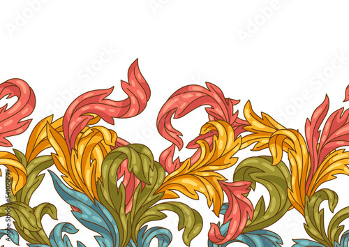 Decorative floral seamless pattern in baroque style. Colorful curling plant.