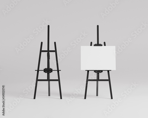 White canvas on a easel, a black easel mockup, 3d rendering, 3d illustration