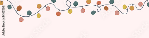 Horizontal background with christmas lights bulbs Colorful garland in neutral scandinavian palette and copy space for text. Hand drawn banner template vector illustration
