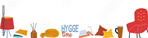 Hygge time horizontal banner template. Home decor and leasure time elements with typography. Warm bright palette. Flat cartoon style background Vector illustration 